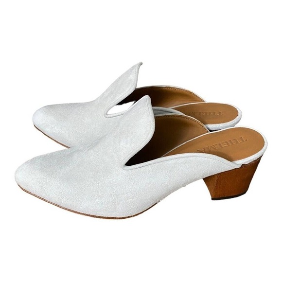 Anthro Thelma Ava Mule Sandals White Suede Leather Block Heel Pointed Slip On 39 - Picture 2 of 6